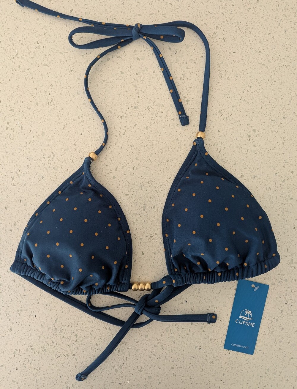 Cupshe Navy Blue Bikini Top with Gold Polka Dots